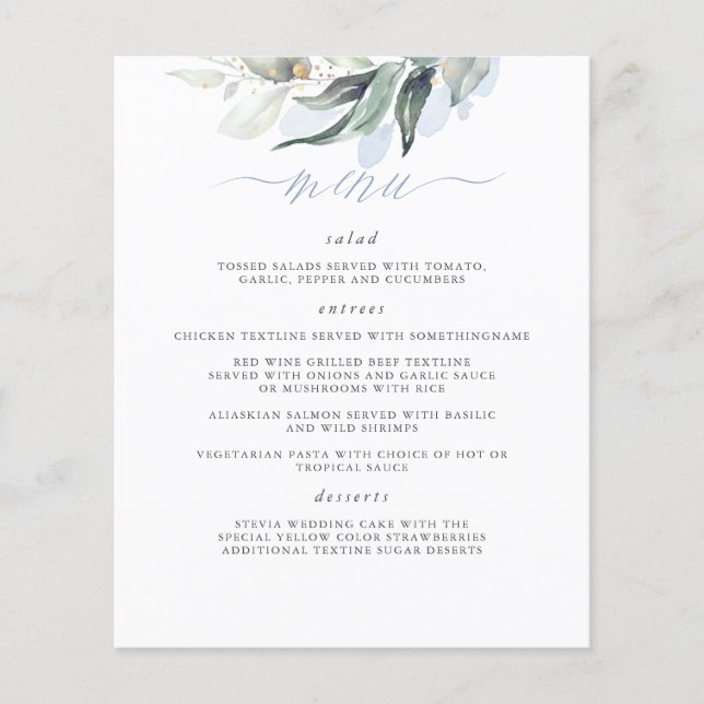 Elegant Greenery Dusty Blue Wedding Menu Flyer (Vorne)