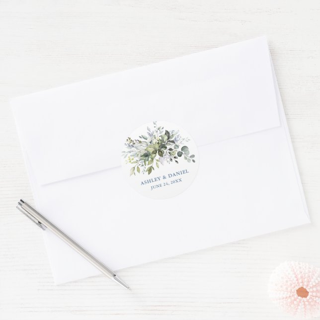 Elegant Greenery Dusty Blue Wedding Umschlag Aufkl Runder Aufkleber (Umschlag)