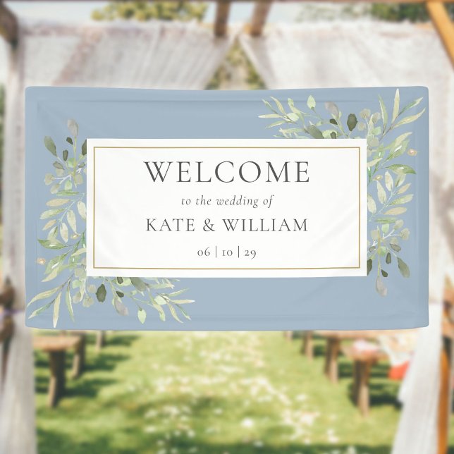 Elegant Greenery Dusty Blue Wedding Willkommen Banner (Von Creator hochgeladen)