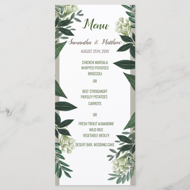 Elegant Greenery Editable Wedding Dinner Menu Menükarte (Vorderseite)