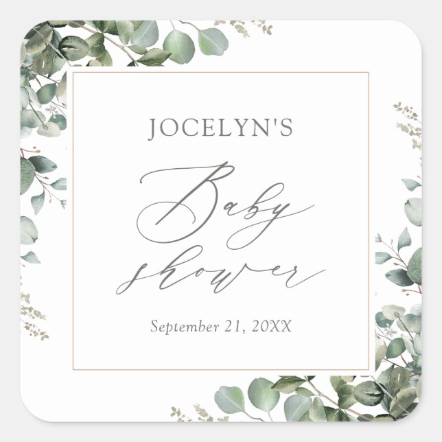 Elegant Greenery Eucalyptus Baby Shower Quadratischer Aufkleber (Vorderseite)