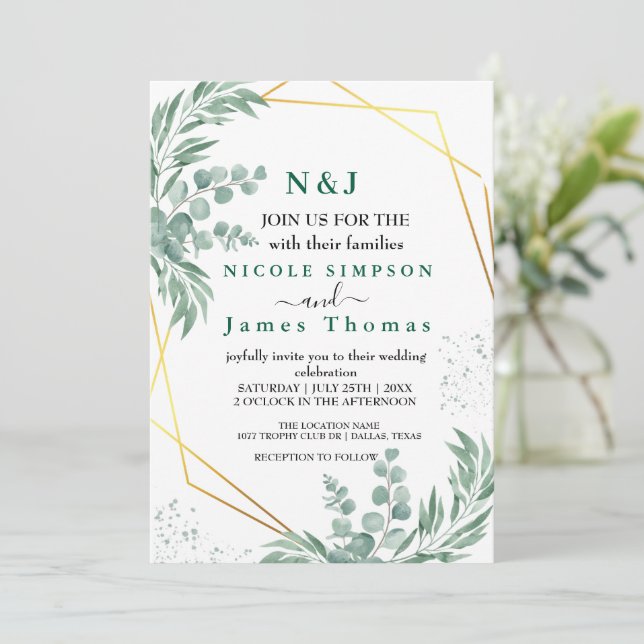 Elegant Greenery Eucalyptus Blätter Wedding Einladung (Stehend Vorderseite)