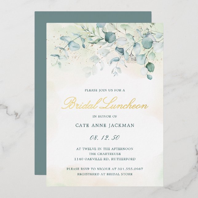 Elegant Greenery Eucalyptus Bridal Luncheon Gold Folieneinladung (Vorderseite/Rückseite)