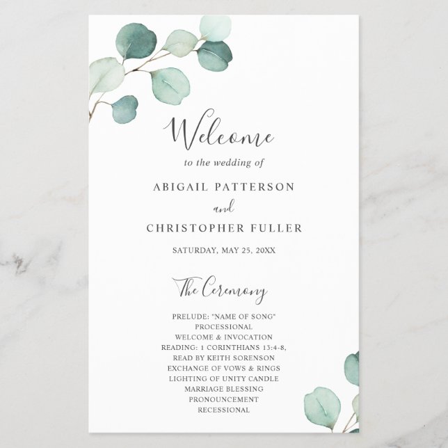 Elegant Greenery Eucalyptus Budget Hochzeitsprogra Flyer (Vorne)