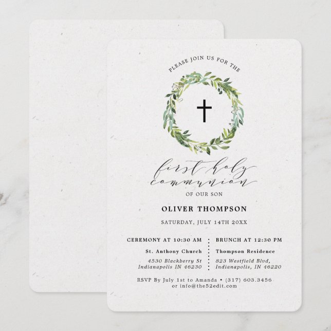 Elegant Greenery Eucalyptus First Communion Einladung (Vorne/Hinten)