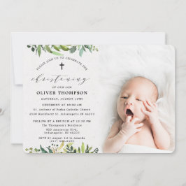 Elegant Greenery Eucalyptus Foto Christening Einladung