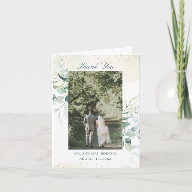 Elegant Greenery Eucalyptus Foto Wedding Dankeskarte (Vorderseite)