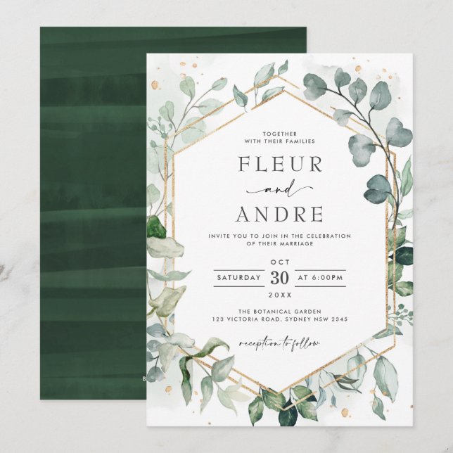 Elegant Greenery Eucalyptus Geometric Gold Wedding Einladung (Vorne/Hinten)
