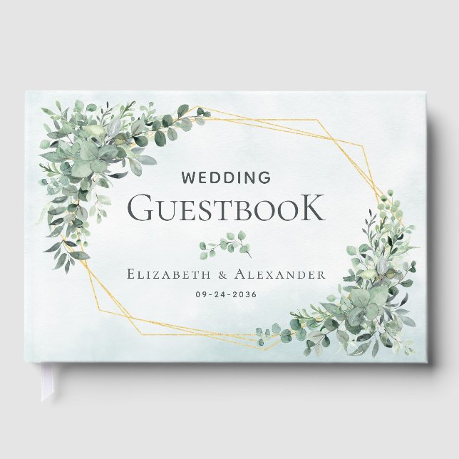 Elegant Greenery Eucalyptus Gold Geometric Wedding Gästebuch (Vorderseite)