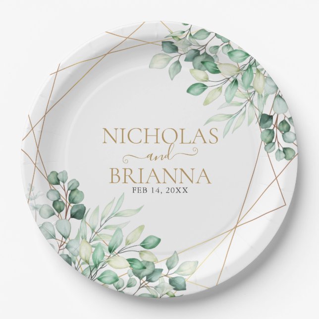 Elegant Greenery Eucalyptus Gold Geometric Wedding Pappteller (Vorderseite)
