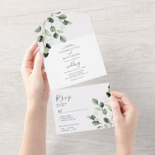 Elegant Greenery Eucalyptus Gold Wedding All In One Einladung