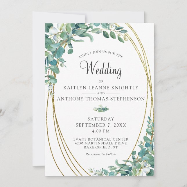 Elegant Greenery Eucalyptus Gold Wedding Einladung (Vorderseite)