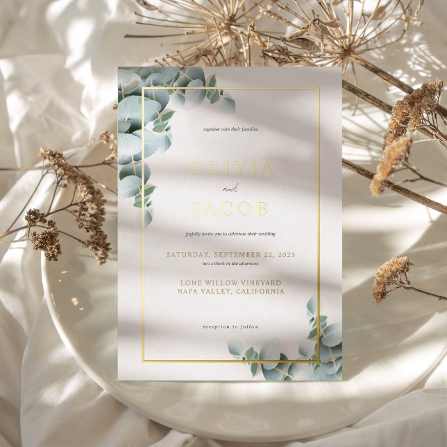Elegant Greenery Eucalyptus Gold Wedding Folieneinladung (Von Creator hochgeladen)