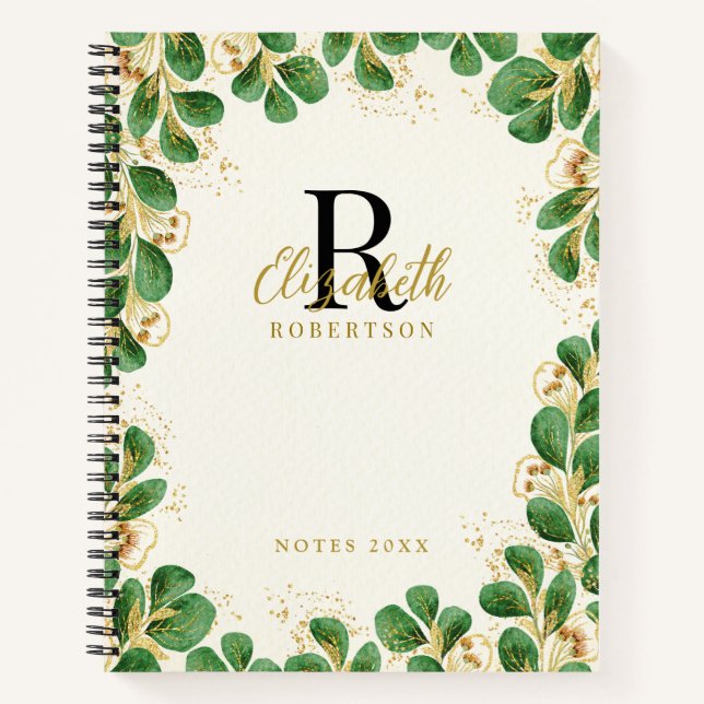 Elegant Greenery Eucalyptus Mit Monogramm Notizbuch (Vorderseite)