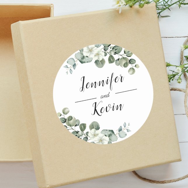 Elegant Greenery Eucalyptus Personalisiert Wedding Runder Aufkleber (Von Creator hochgeladen)