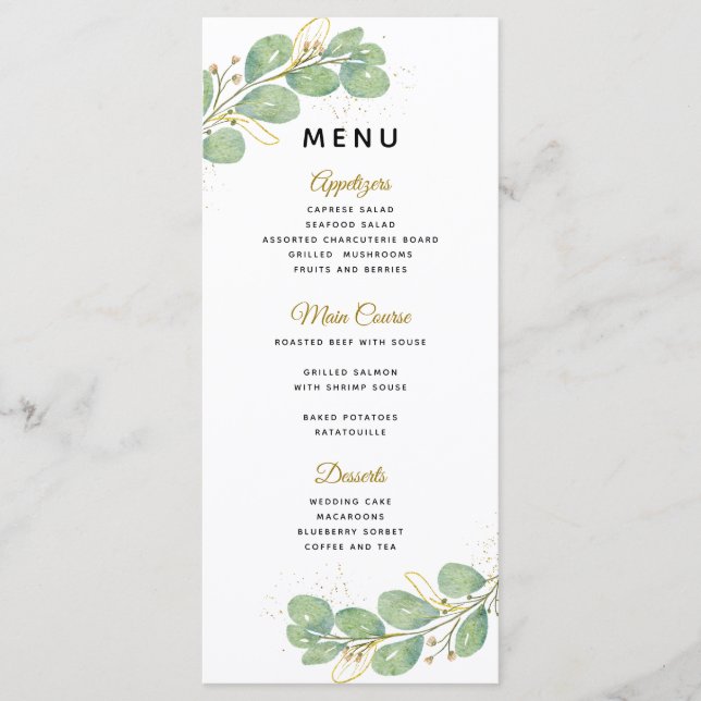 Elegant Greenery Eucalyptus Wedding Menükarte (Vorderseite)