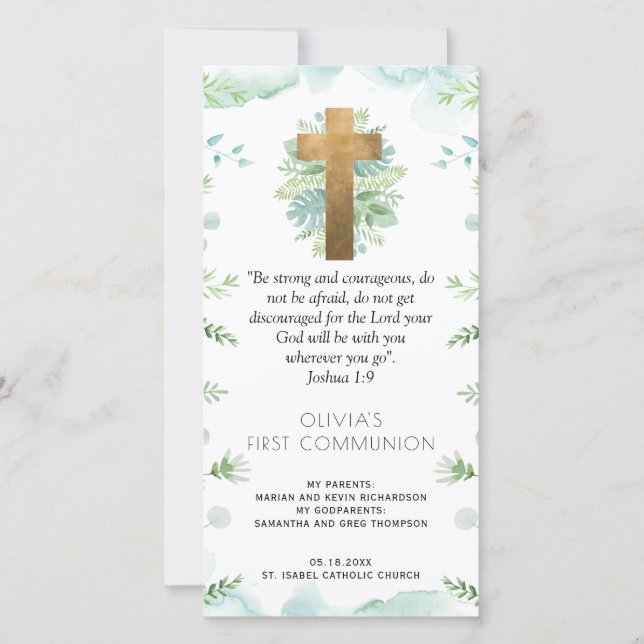 Elegant Greenery First Communion Lesezeichen Gefal Dankeskarte (Vorderseite)