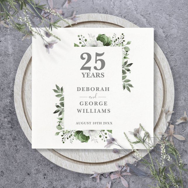 Elegant Greenery Floral 25. Hochzeitstag Serviette (Elegant Greenery Floral 25th Wedding Anniversary Napkins)