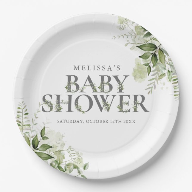 Elegant Greenery Floral Baby Shower Pappteller (Vorderseite)
