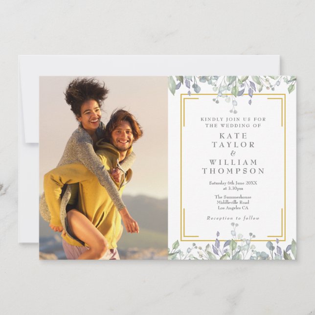 Elegant Greenery Floral Sage Lilac Foto Wedding Einladung (Vorderseite)