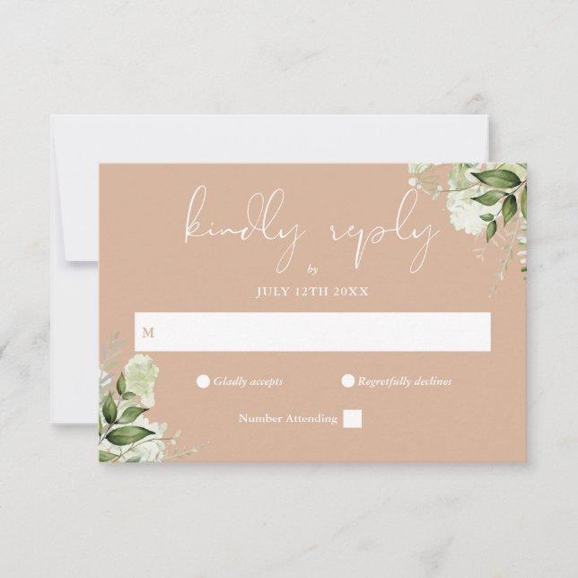 Elegant Greenery Floral Tan Wedding RSVP Karte (Vorderseite)