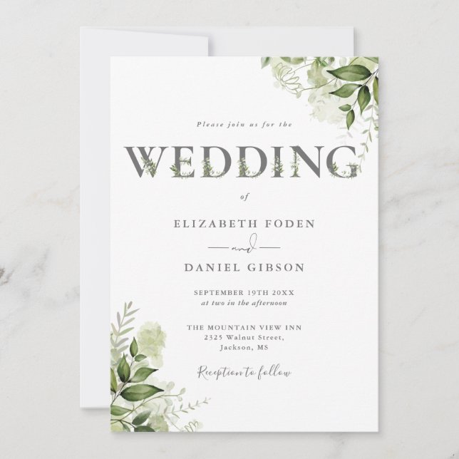 Elegant Greenery Floral Typografy Wedding Einladung (Vorderseite)