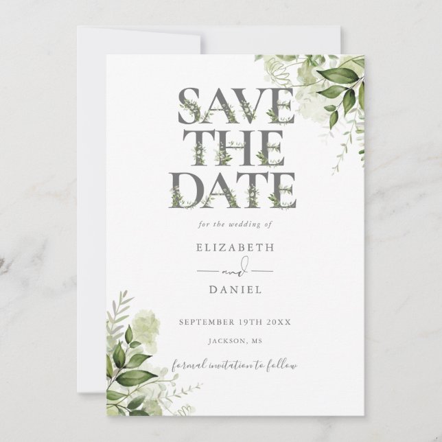 Elegant Greenery Floral Typografy Wedding Save The Date (Vorderseite)