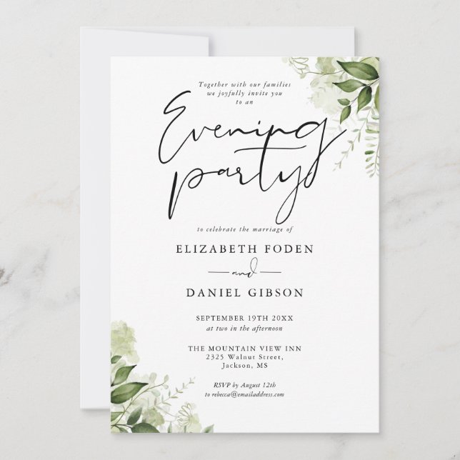 Elegant Greenery Floral Wedding Abend Party Einladung (Vorderseite)
