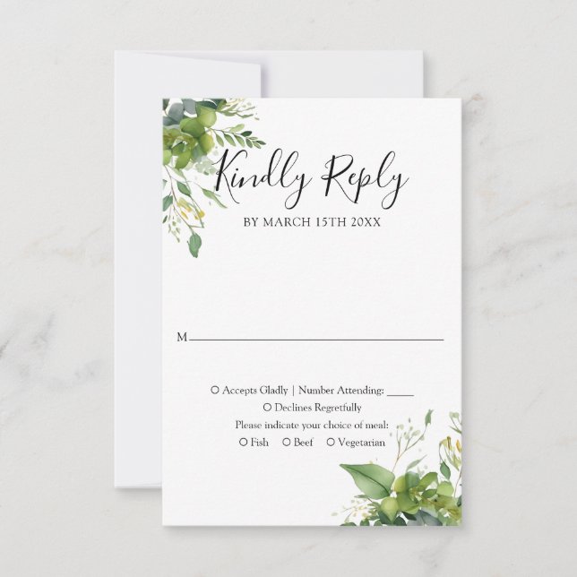 Elegant Greenery Floral Wedding Kindy Reply RSVP Karte (Vorderseite)