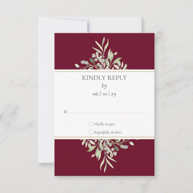 Elegant Greenery Foliage Burgundy Wedding RSVP Karte (Vorderseite)