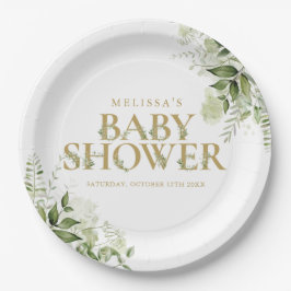 Elegant Greenery Foliage Gold Baby Shower Pappteller