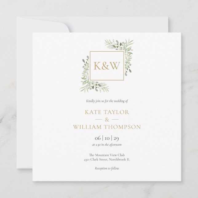Elegant Greenery Foliage Monogram Square Wedding Einladung (Vorderseite)