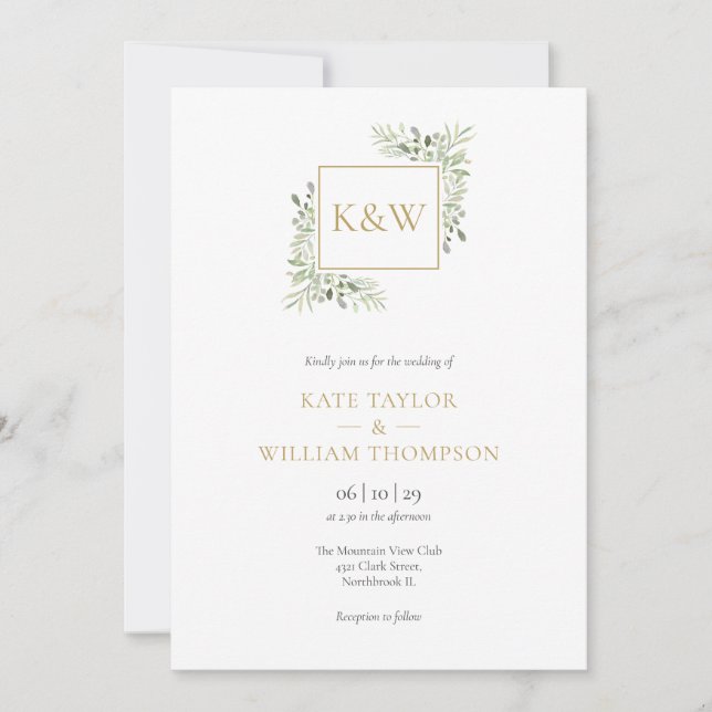 Elegant Greenery Foliage Monogram Wedding Einladung (Vorderseite)