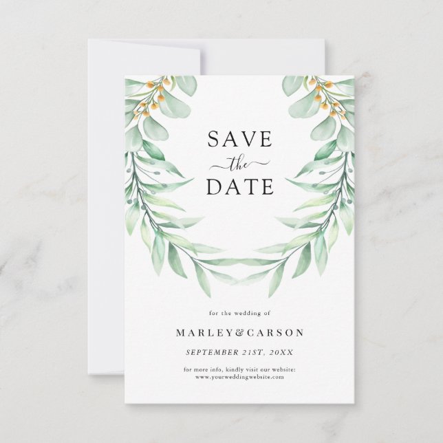 Elegant Greenery Foliage Wedding Save The Date (Vorderseite)