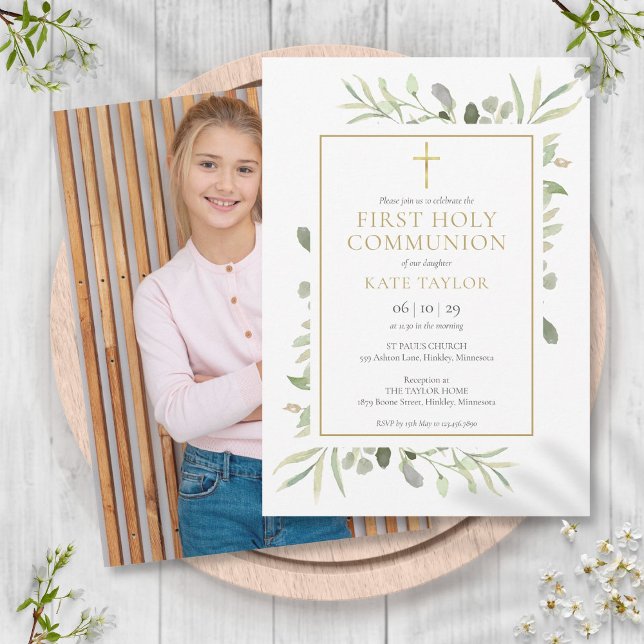 Elegant Greenery Foto Erste Heilige Kommunion Einladung (Elegant Greenery Photo First Holy Communion Invitation)