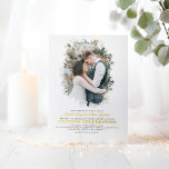 Elegant Greenery Foto Overlay White Wedding Folieneinladung<br><div class="desc">Romantische moderne und minimale Hochzeit reale Folie Foto Einladungen</div>