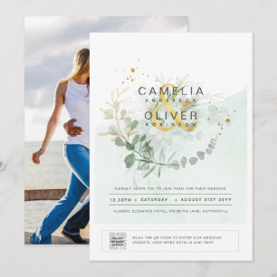 Elegant Greenery FOTO Wedding Einladung QR CODE