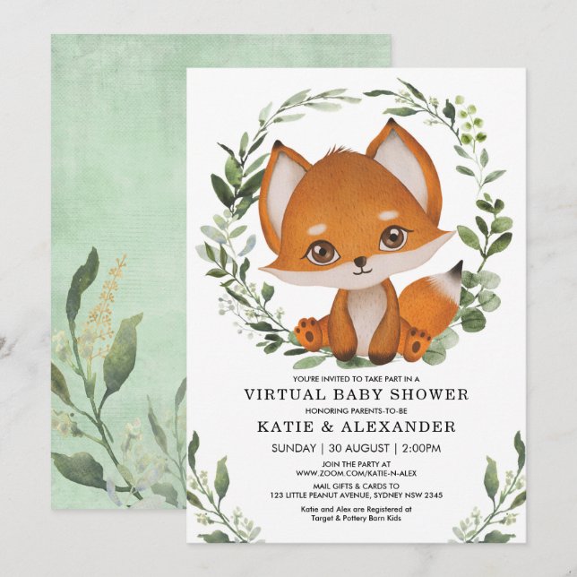 Elegant Greenery Fox Virtual Baby Shower by Mail Einladung (Vorne/Hinten)