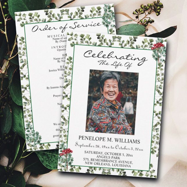 Elegant Greenery Funeral Order of Service Program Einladung (Von Creator hochgeladen)