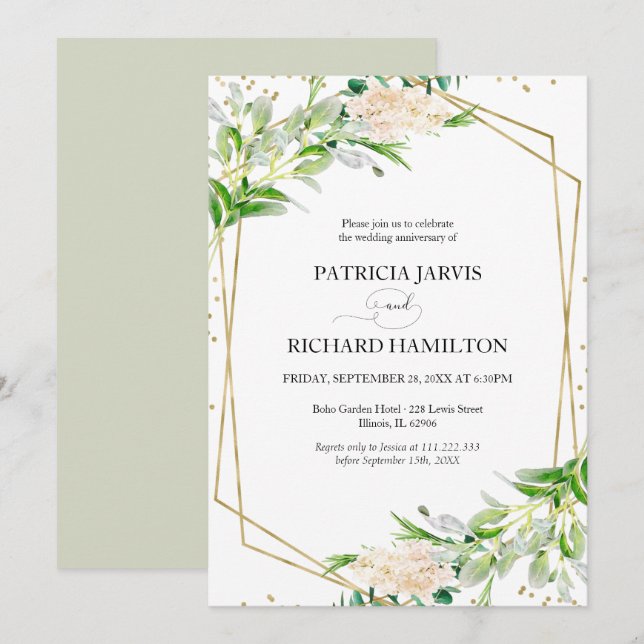 Elegant Greenery Geometric Wedding Anniversary Einladung (Vorne/Hinten)