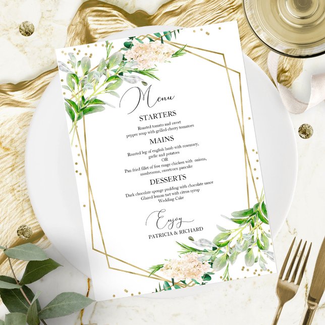 Elegant Greenery Geometric Wedding Menu Card Menükarte (Von Creator hochgeladen)