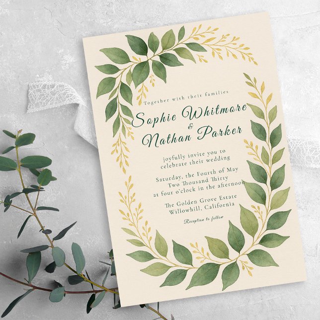 Elegant Greenery Gold Akzente Hochzeitseinladung Einladung (Von Creator hochgeladen)