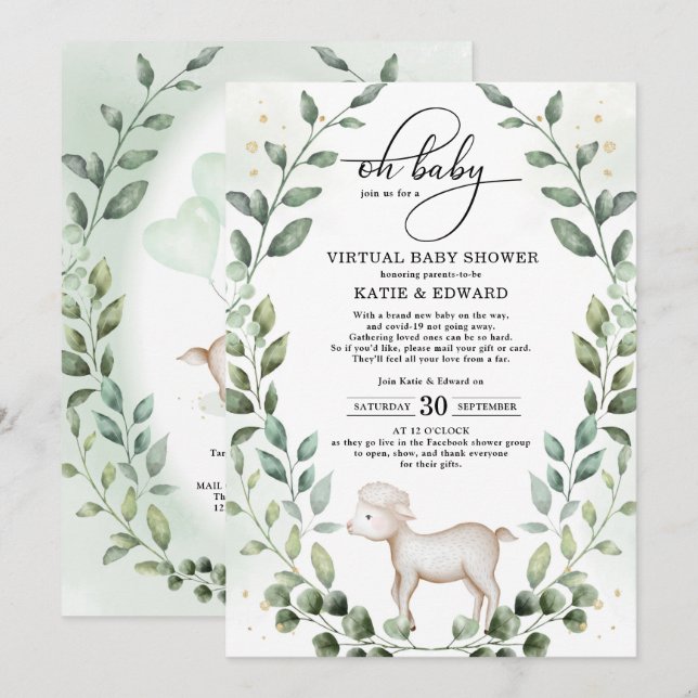 Elegant Greenery Gold Baby Lamb Virtual Shower Einladung (Vorne/Hinten)