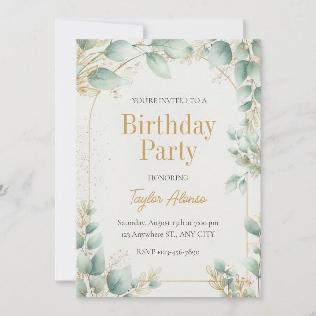 Elegant Greenery Gold Birthday Invitation Einladung (Vorderseite)