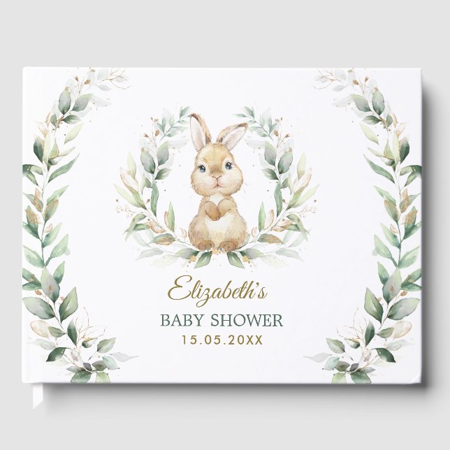 Elegant Greenery Gold Bunny Rabbit Baby Shower Gästebuch (Vorderseite)