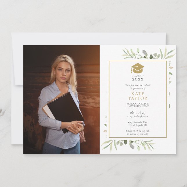 Elegant Greenery Gold Cap Graduation Party Foto I Einladung (Vorderseite)