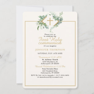 Elegant Greenery Gold Erstkommunion Einladung