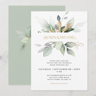 Elegant Greenery & Gold Eukalyptus Wedding Einladung