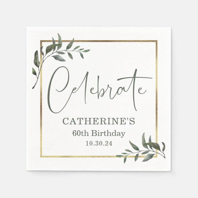 Elegant Greenery Gold Foil Celebrate Script Serviette (Vorderseite)