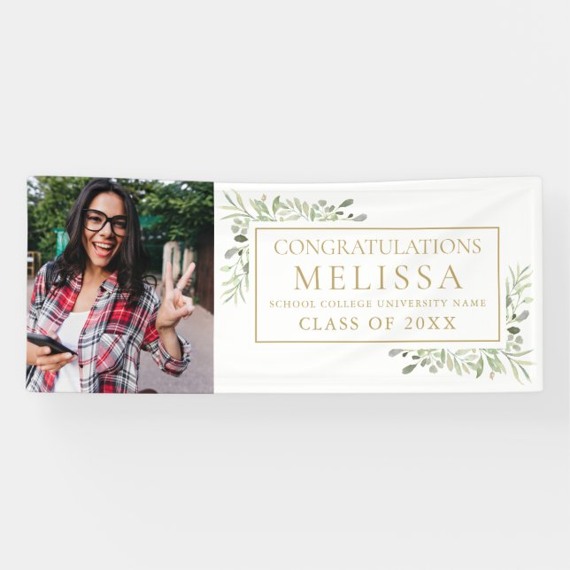 Elegant Greenery Gold Foto Abschluss Banner (Horizontal)
